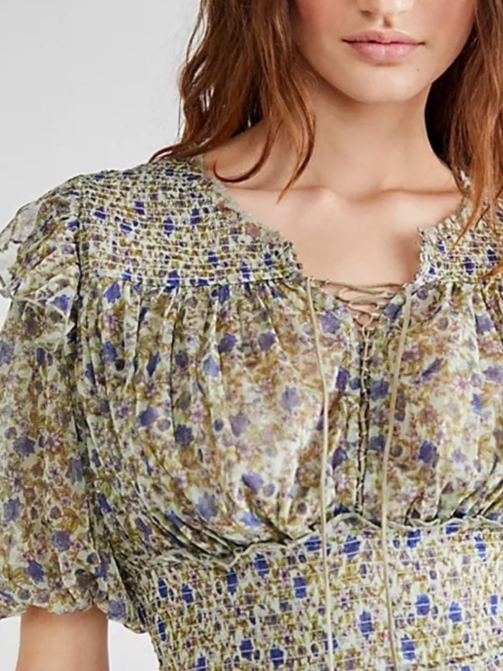 Free People Beatrice Floral Smocked Peasant Corset Blouse Top Green Puff Sleeve